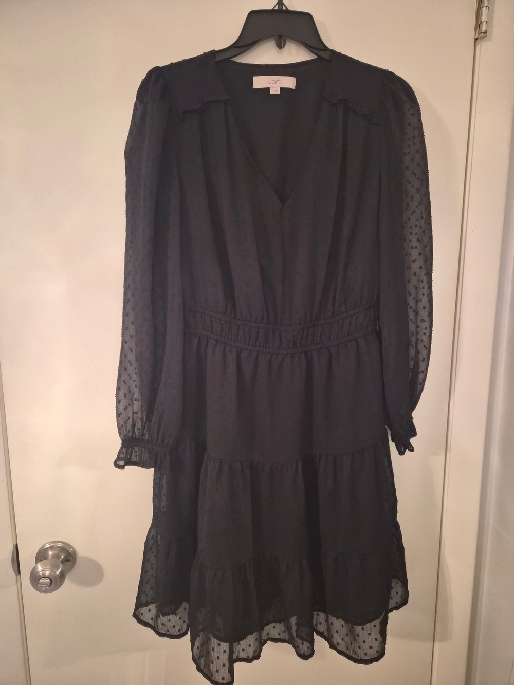 LOFT Black V-Neck Tiered Dress with Sheer Dotted Sleeves